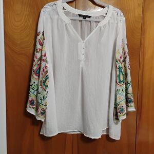 Zac & Rachel White Boho Peasant Blouse with Multicolor Floral Paisley Embroidery